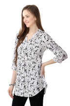 White Faux Crepe Short Tunic with Black and White Print