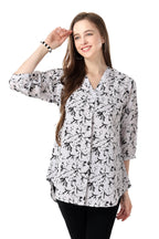 White Faux Crepe Short Tunic with Black and White Print