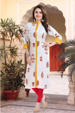 Vibrance Checkered White and Yellow Rayon Cotton Long Kurti