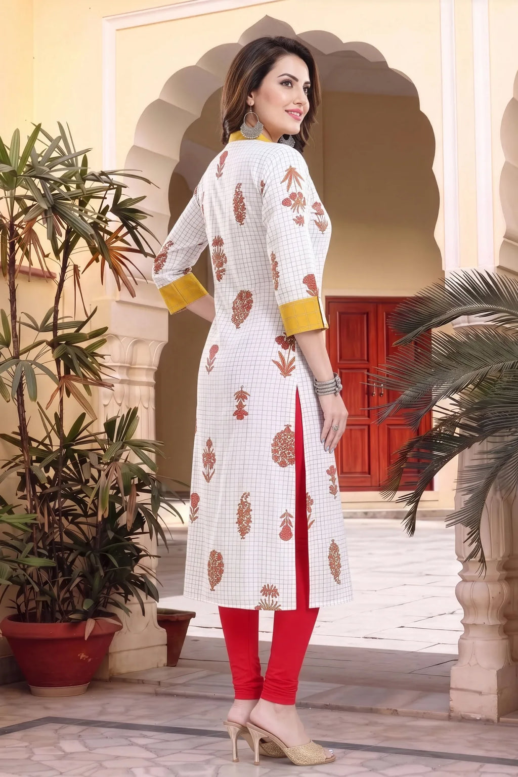 Vibrance Checkered White and Yellow Rayon Cotton Long Kurti