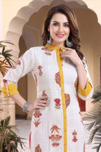 Vibrance Checkered White and Yellow Rayon Cotton Long Kurti