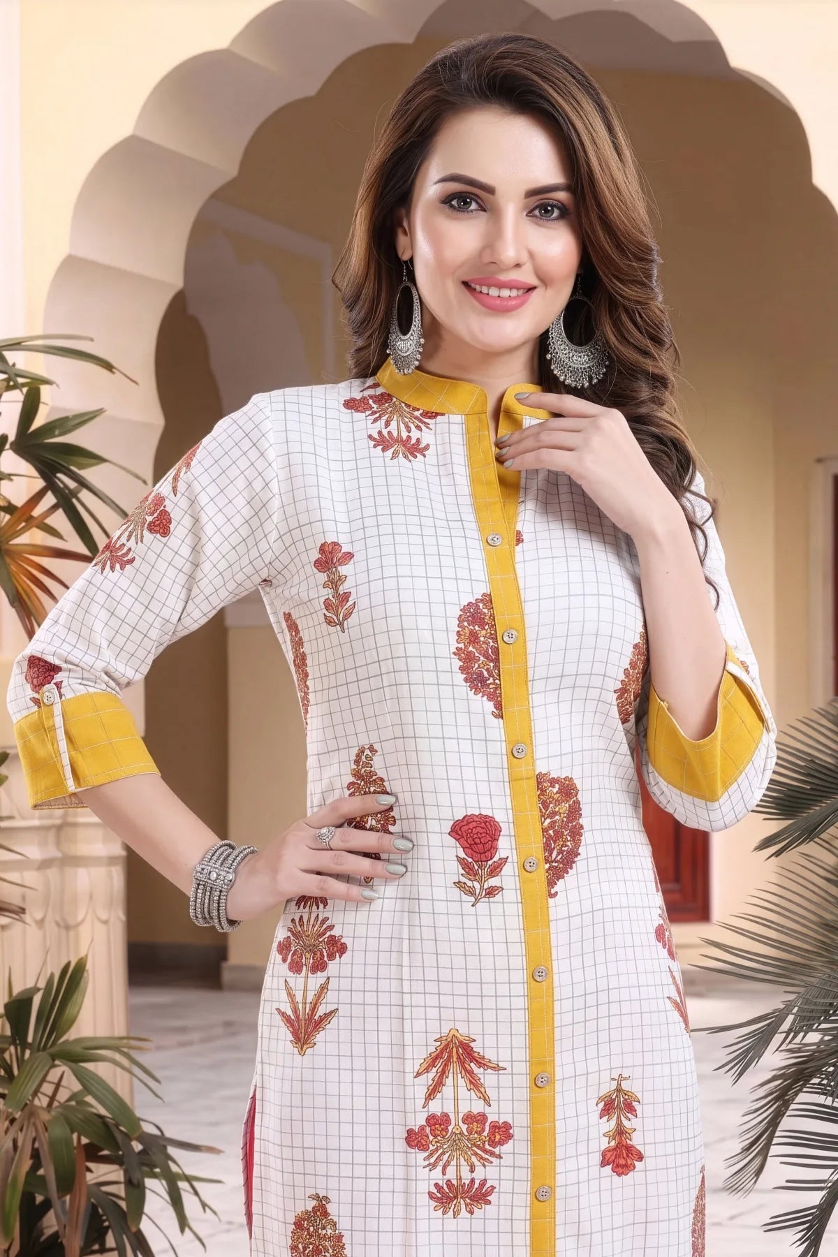 Vibrance Checkered White and Yellow Rayon Cotton Long Kurti