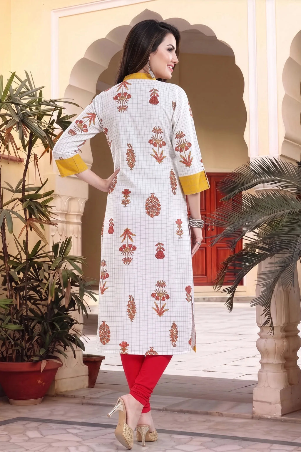 Vibrance Checkered White and Yellow Rayon Cotton Long Kurti