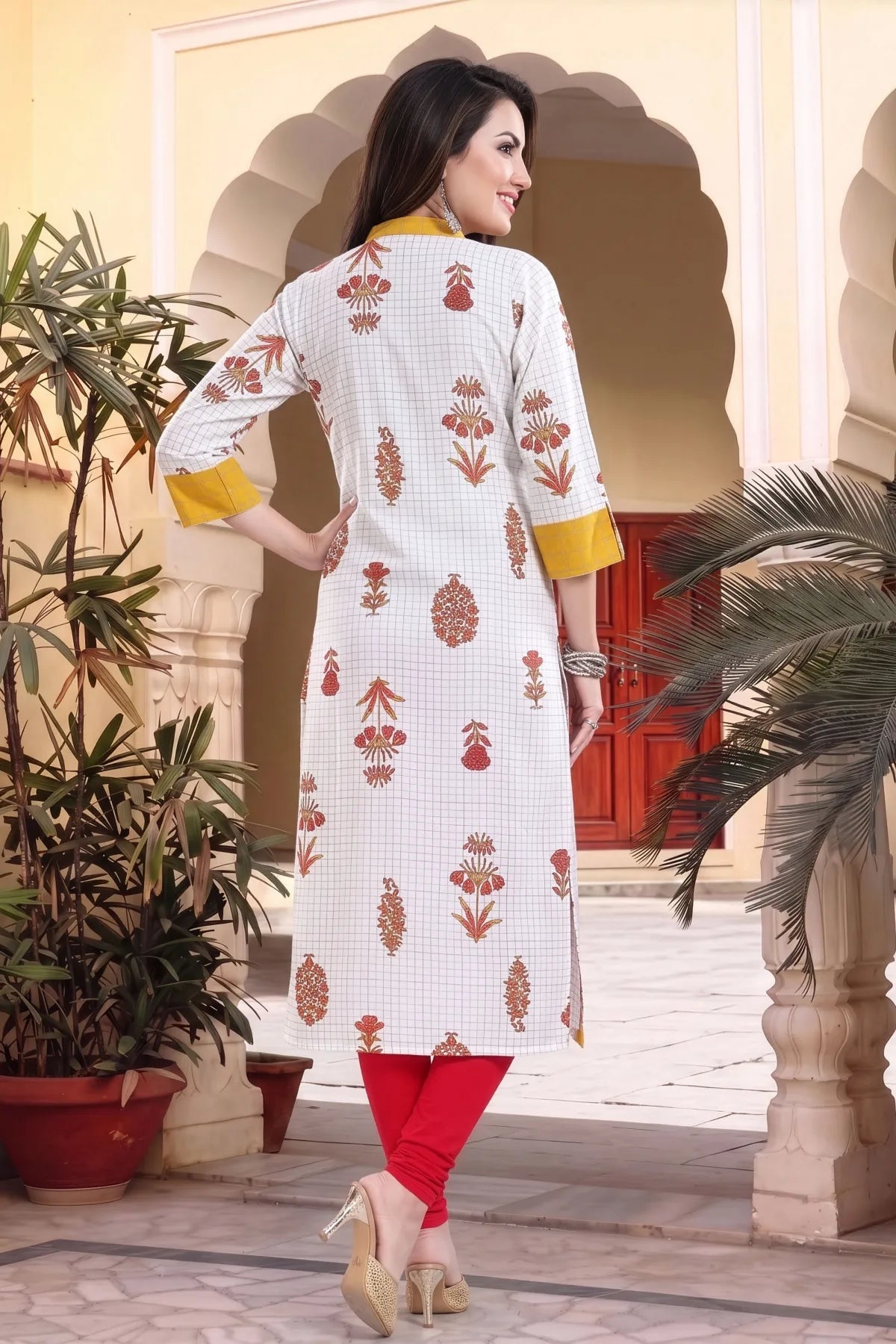 Vibrance Checkered White and Yellow Rayon Cotton Long Kurti