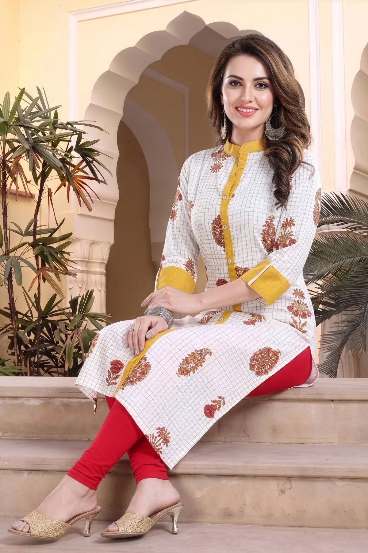 Vibrance Checkered White and Yellow Rayon Cotton Long Kurti