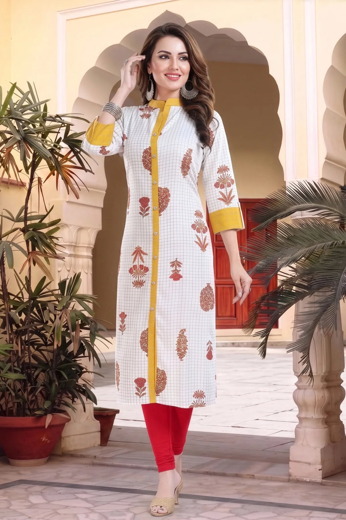 Vibrance Checkered White and Yellow Rayon Cotton Long Kurti