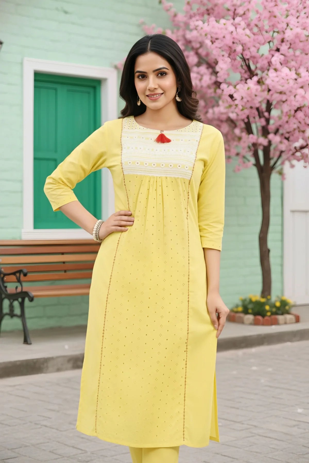 Yellow Cotton Chicken Tunic with Pom Pom Detail