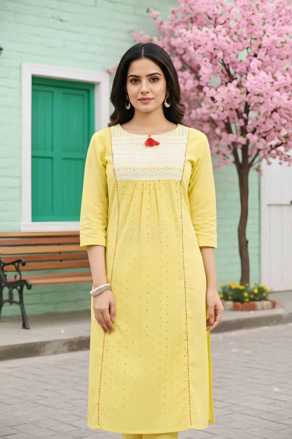 Yellow Cotton Chicken Tunic with Pom Pom Detail