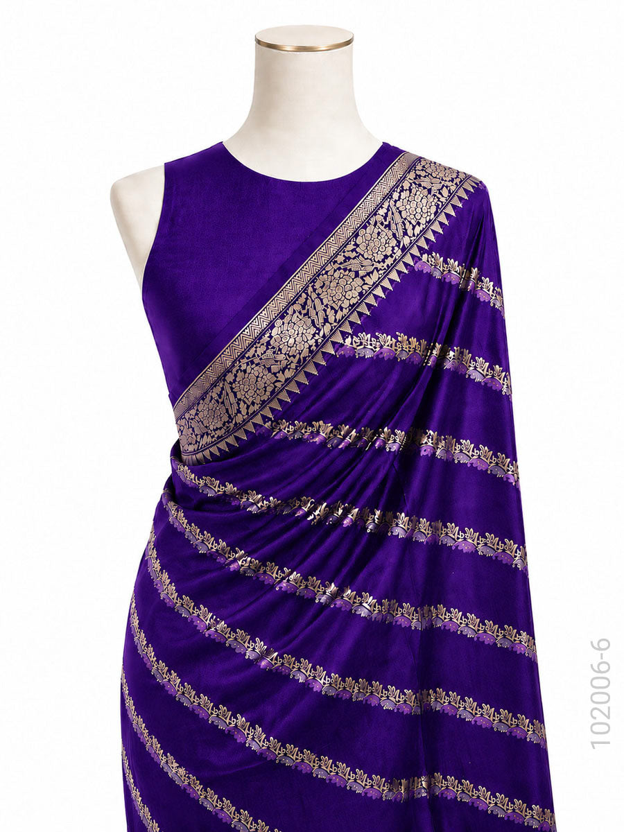 Katan Silk Zari Work Diagonal Stripe Banarasi Saree