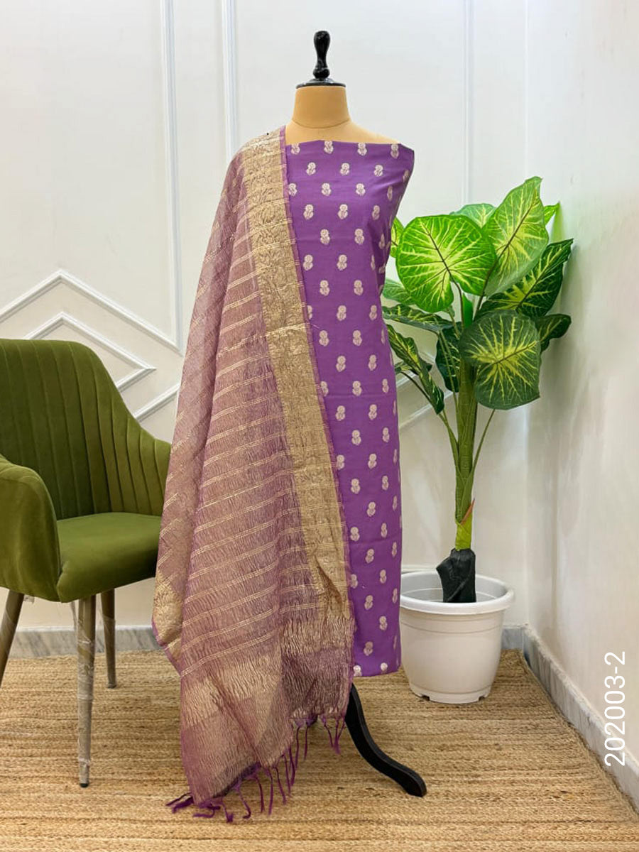Mercerized Cotton Zari Buti Work Banarasi Suit With Tissue Dupatta