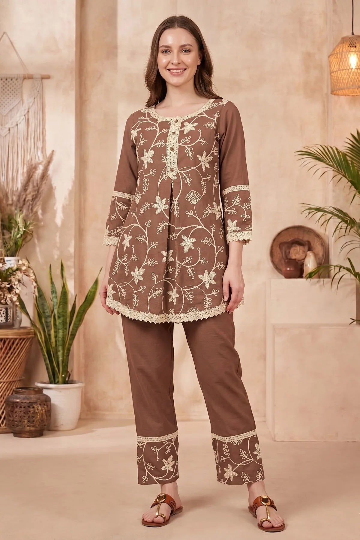 Brown Co-ord Set with Floral Thread Embroidery and Lace Trim