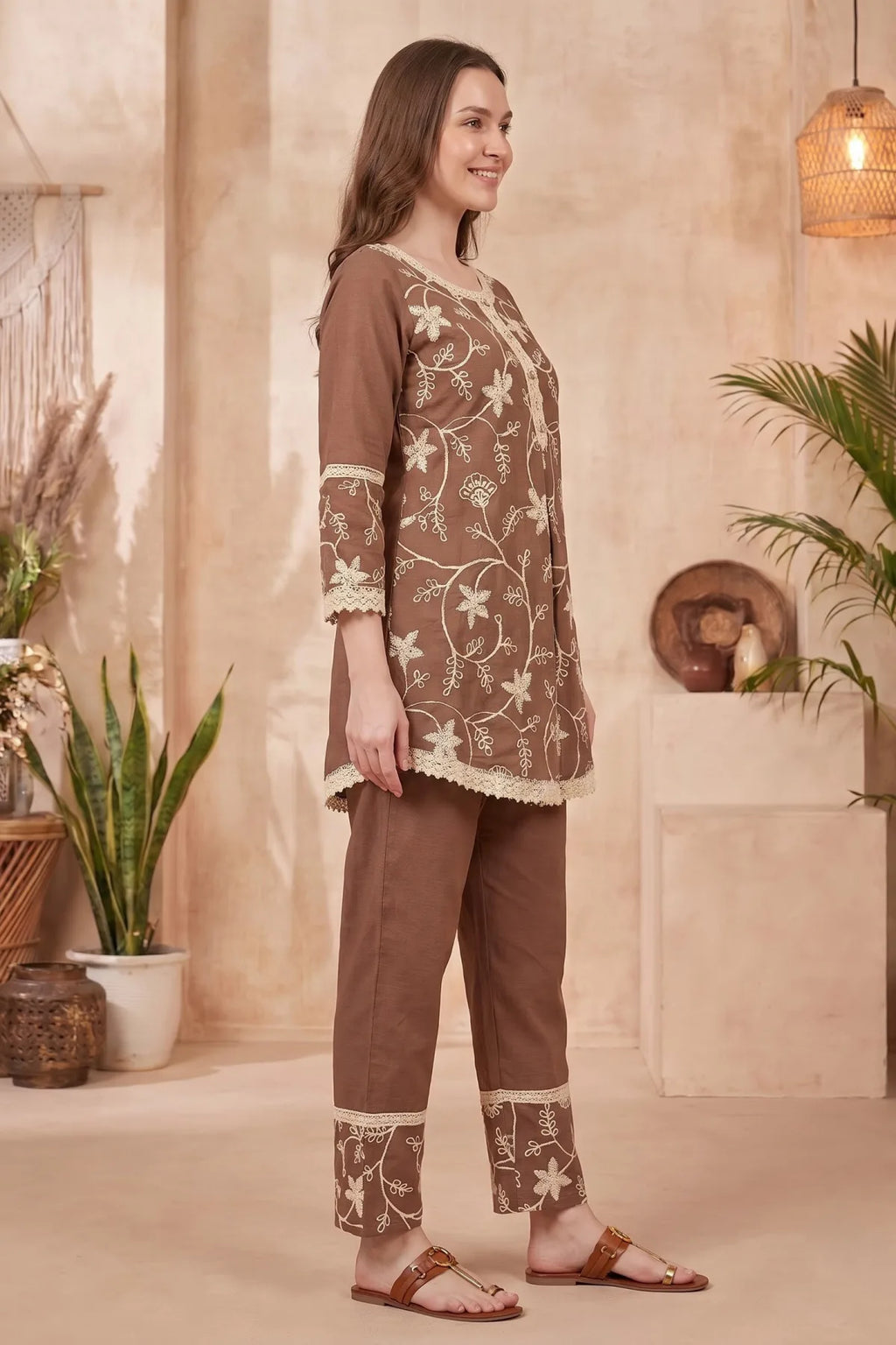 Brown Co-ord Set with Floral Thread Embroidery and Lace Trim
