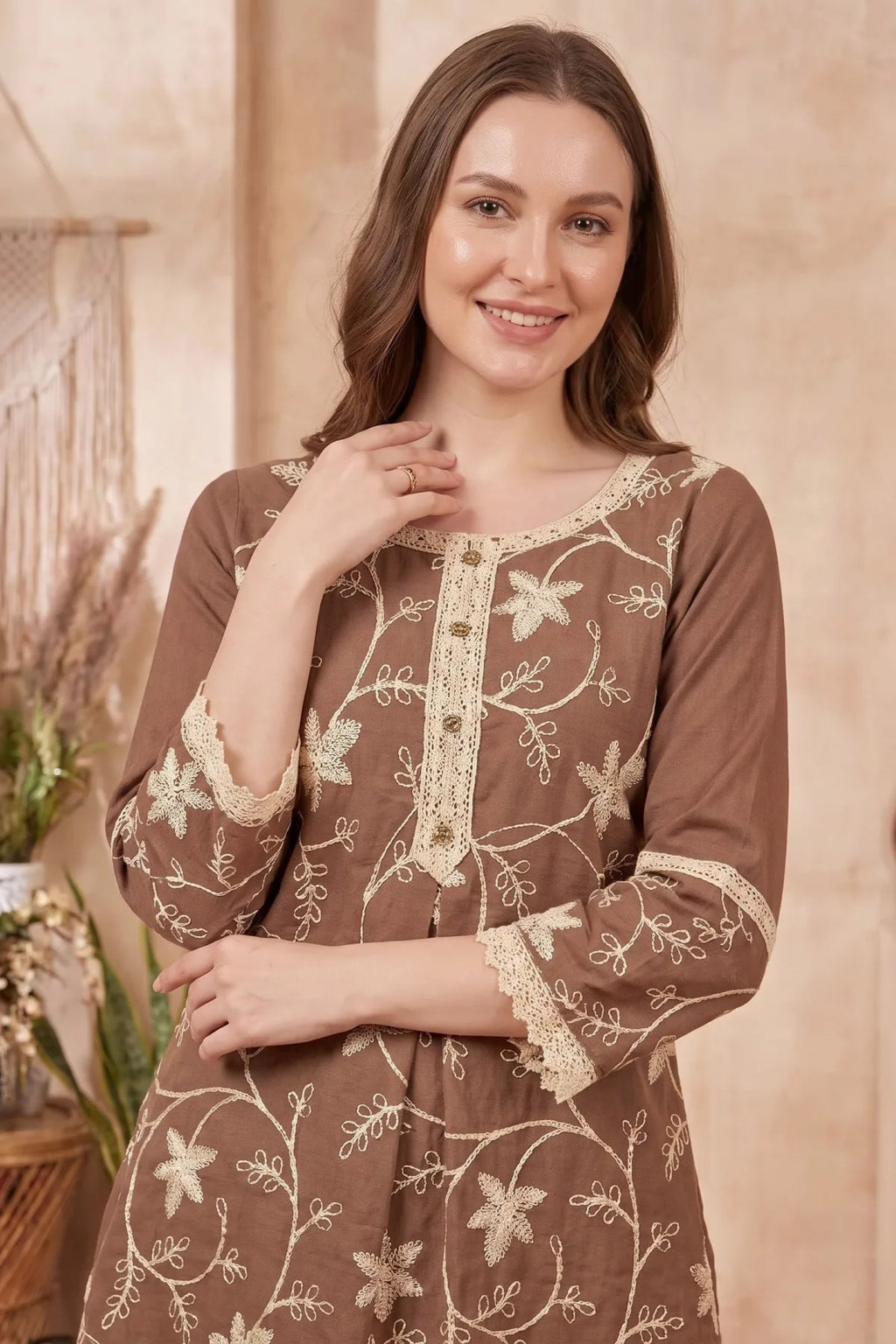 Brown Co-ord Set with Floral Thread Embroidery and Lace Trim