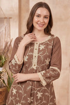 Brown Co-ord Set with Floral Thread Embroidery and Lace Trim
