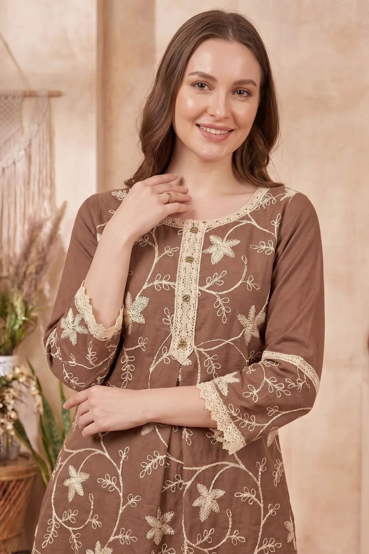 Brown Co-ord Set with Floral Thread Embroidery and Lace Trim