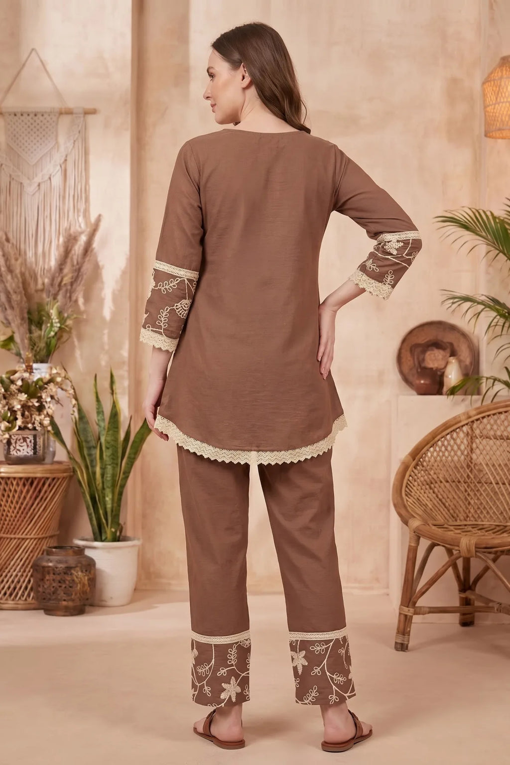Brown Co-ord Set with Floral Thread Embroidery and Lace Trim