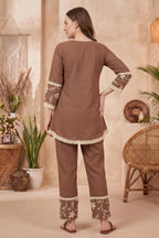 Brown Co-ord Set with Floral Thread Embroidery and Lace Trim
