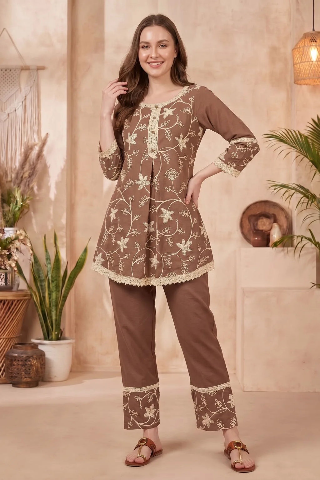 Brown Co-ord Set with Floral Thread Embroidery and Lace Trim