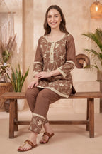 Brown Co-ord Set with Floral Thread Embroidery and Lace Trim