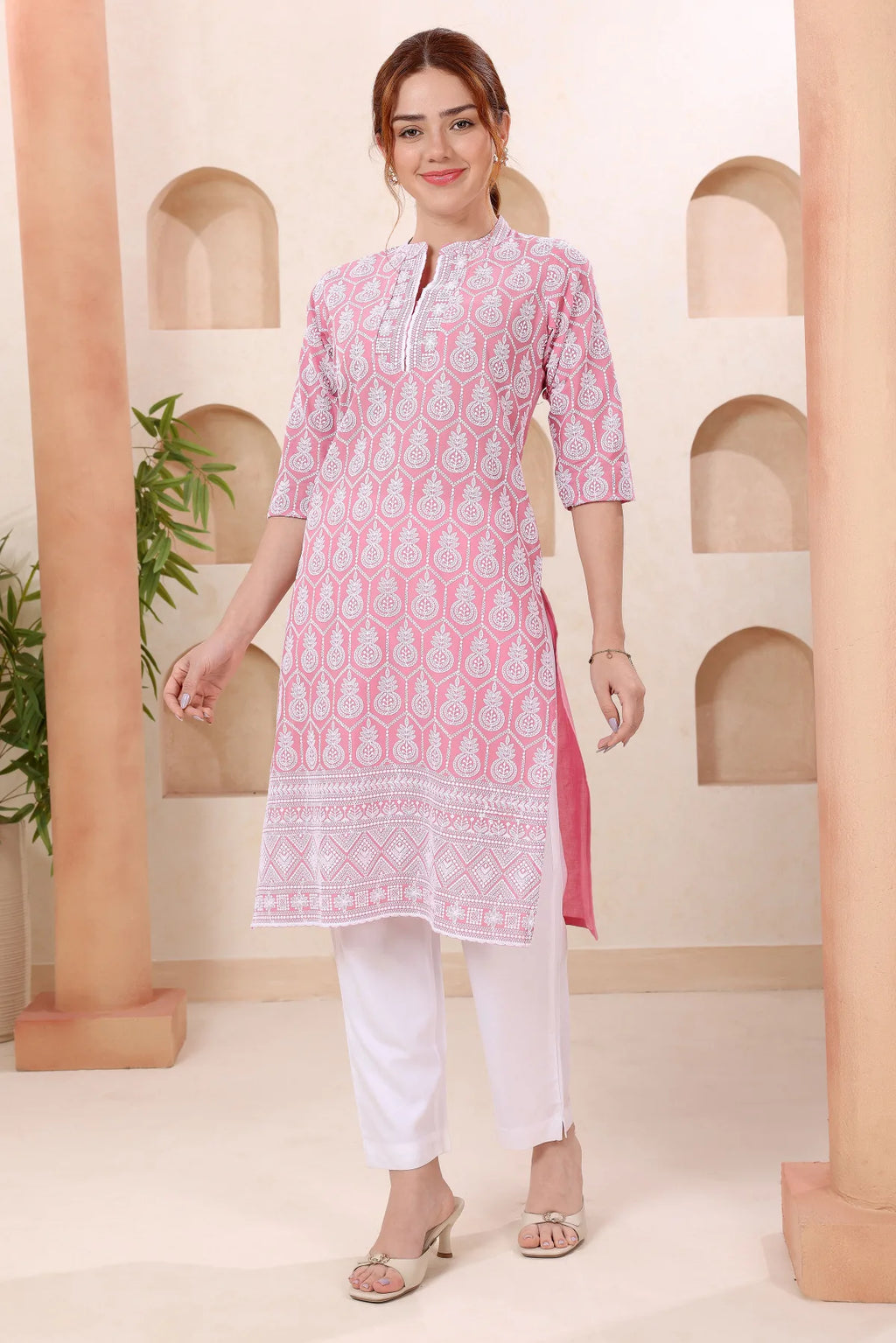 Dark Pink Pure Cotton Chikankari Long Kurti