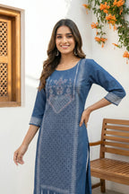 Indigo Blue Denim Long Kurti With Thread Work