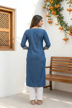 Indigo Blue Denim Long Kurti With Thread Work