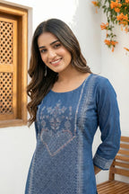 Indigo Blue Denim Long Kurti With Thread Work