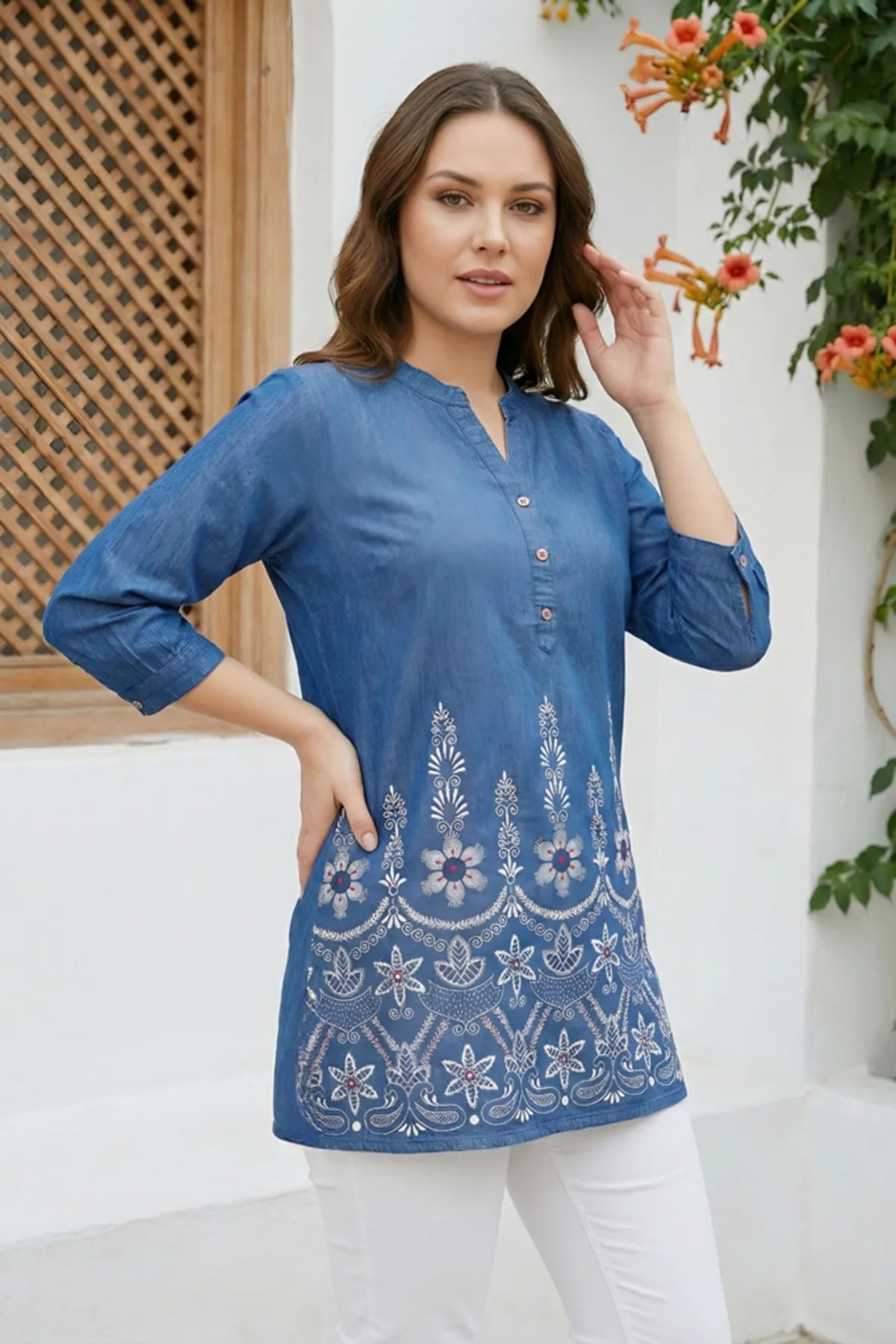 Denim Blue Short Kurti with Ban Collar