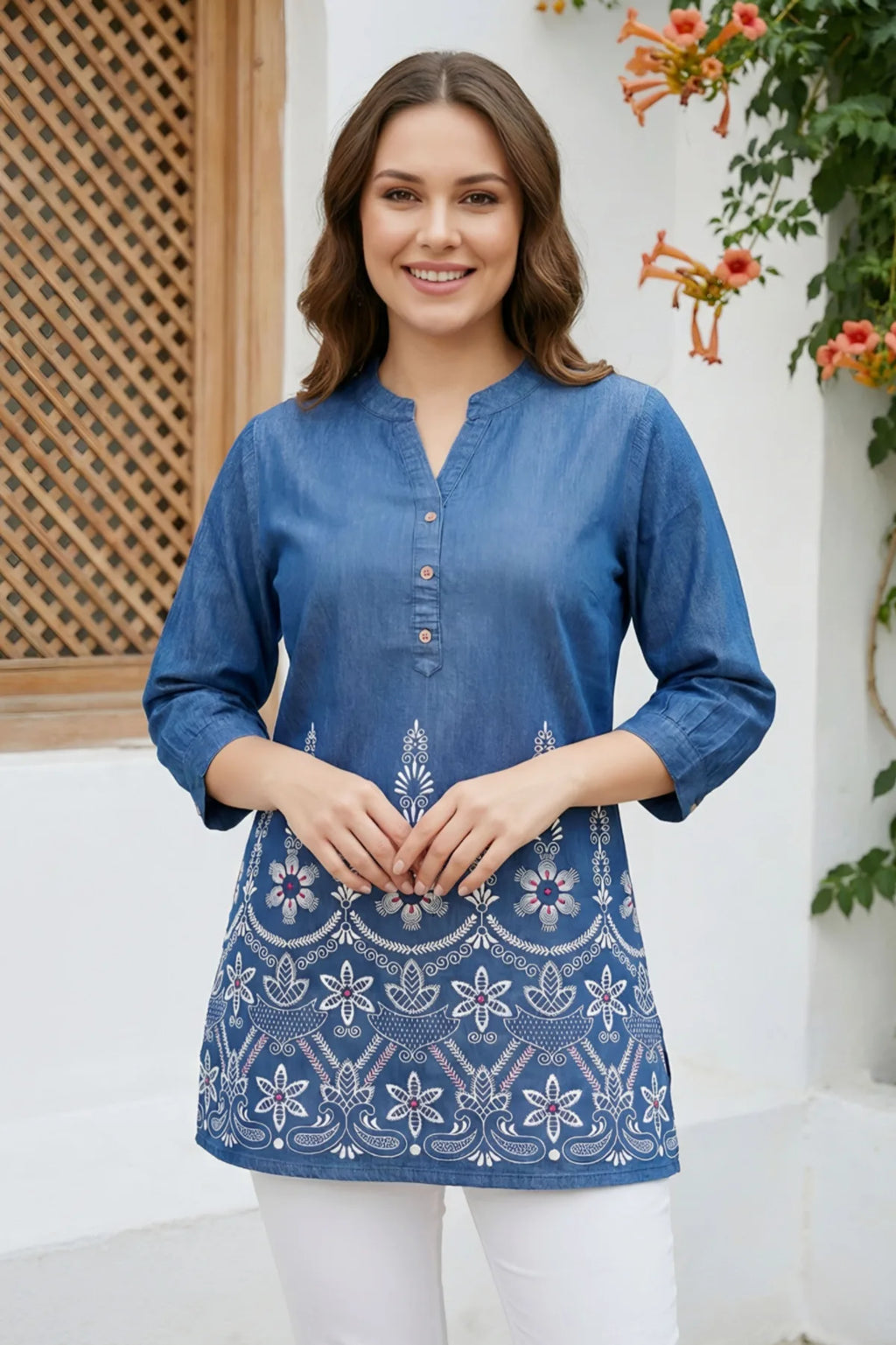 Denim Blue Short Kurti with Ban Collar