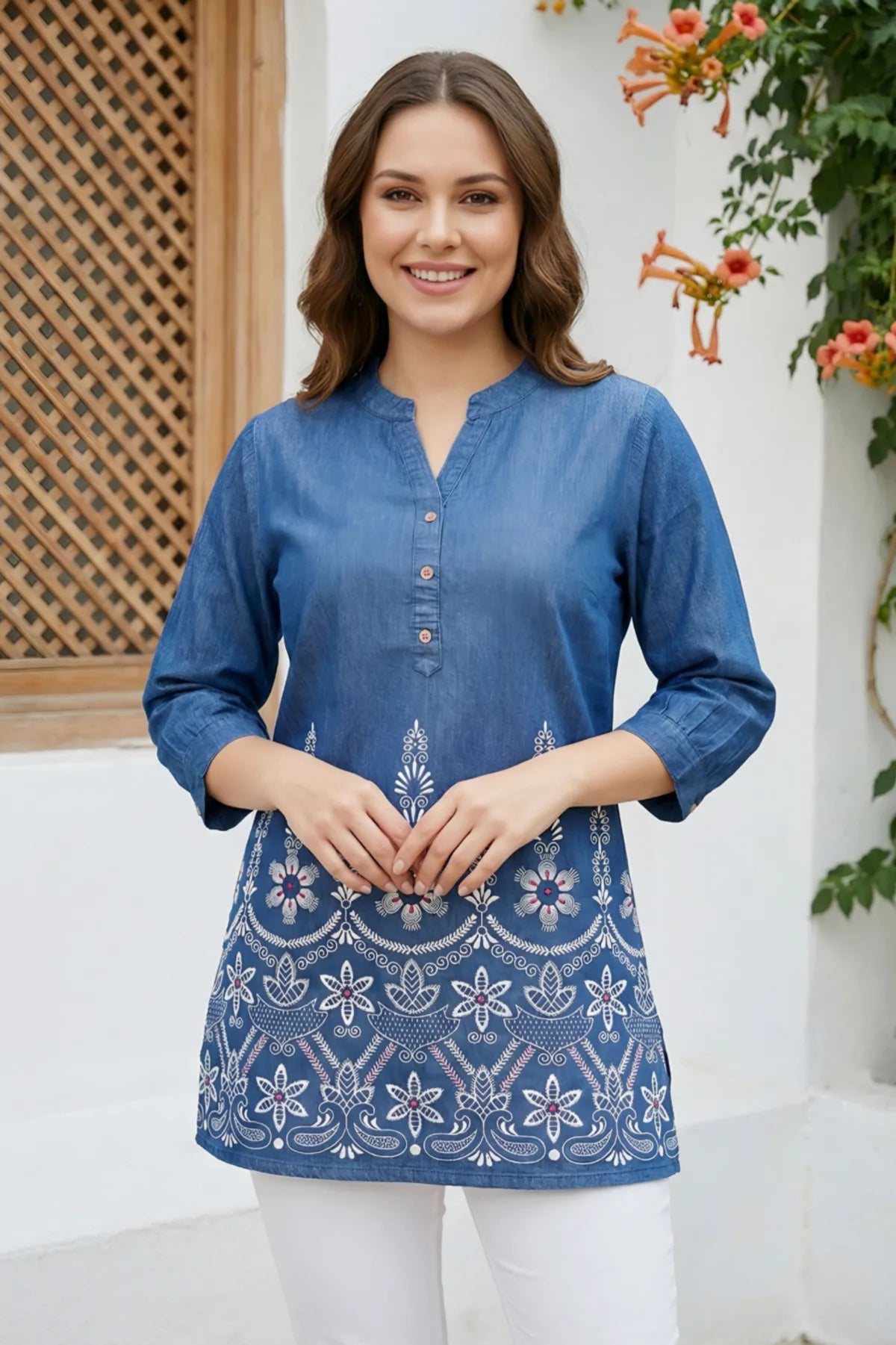 Denim Blue Short Kurti with Ban Collar