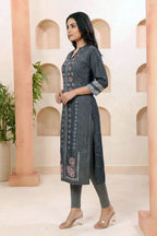 Black Denim Kurti with Discharge Print and Mandarin Collar