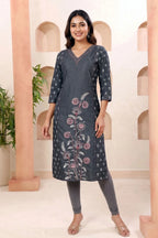 Black Denim Straight Kurti with Floral Discharge Print