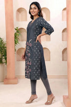 Black Denim Straight Kurti with Floral Discharge Print