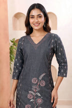 Black Denim Straight Kurti with Floral Discharge Print