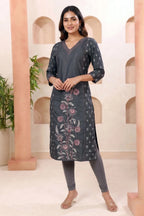 Black Denim Straight Kurti with Floral Discharge Print