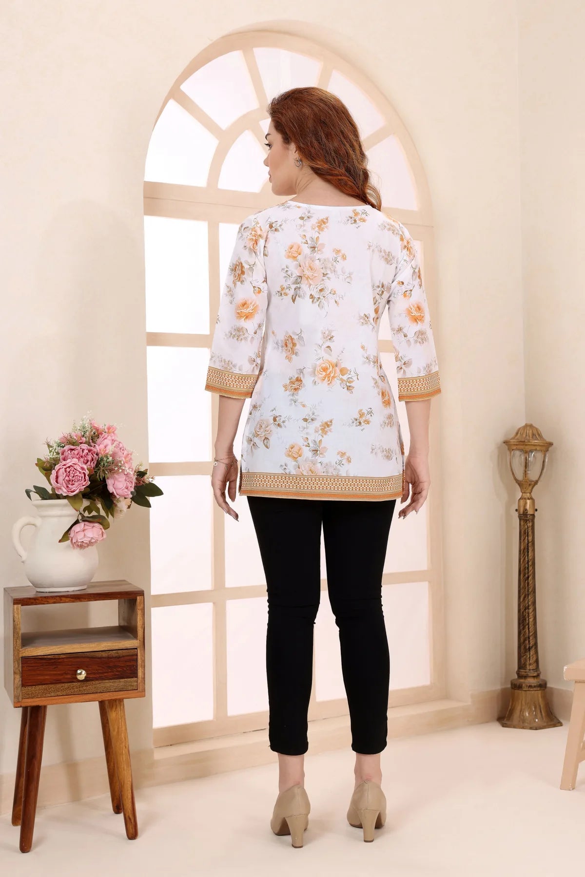 Mustard Cotton Short Kurti with Floral Print