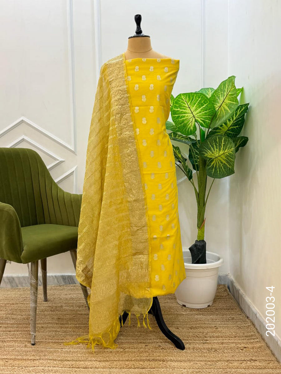 Mercerized Cotton Zari Buti Work Banarasi Suit With Tissue Dupatta