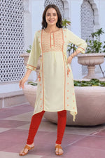 Light Yellow Rayon A Line Long Kurti with Chikankari Embroidery