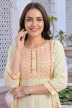 Light Yellow Rayon A Line Long Kurti with Chikankari Embroidery