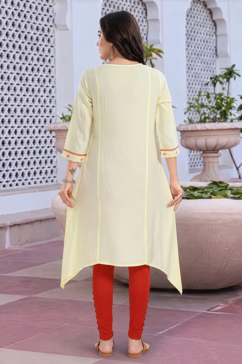 Light Yellow Rayon A Line Long Kurti with Chikankari Embroidery
