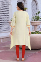 Light Yellow Rayon A Line Long Kurti with Chikankari Embroidery