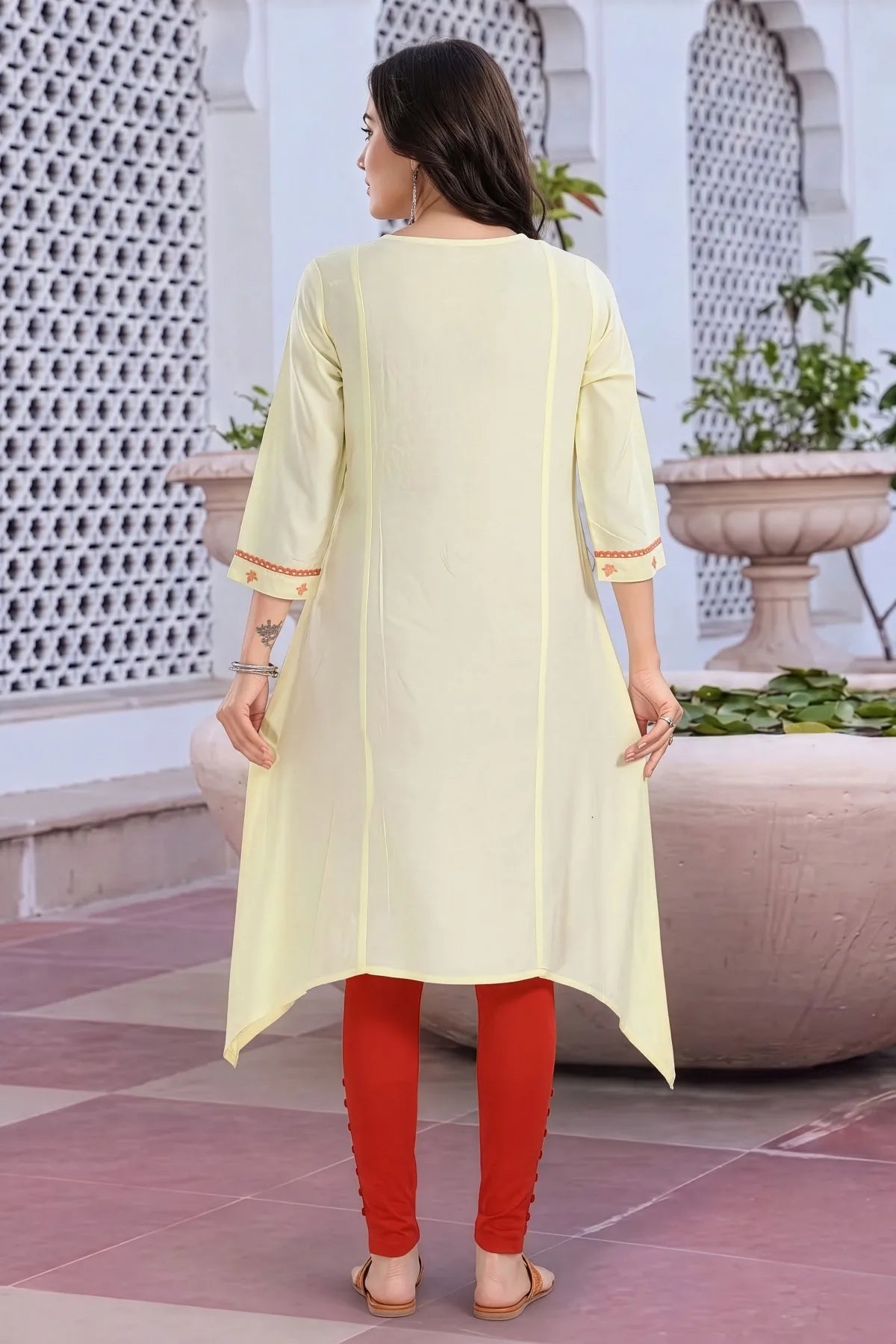 Light Yellow Rayon A Line Long Kurti with Chikankari Embroidery