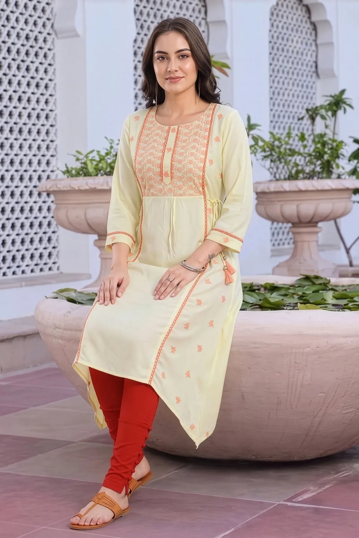 Light Yellow Rayon A Line Long Kurti with Chikankari Embroidery