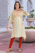 Light Yellow Rayon A Line Long Kurti with Chikankari Embroidery
